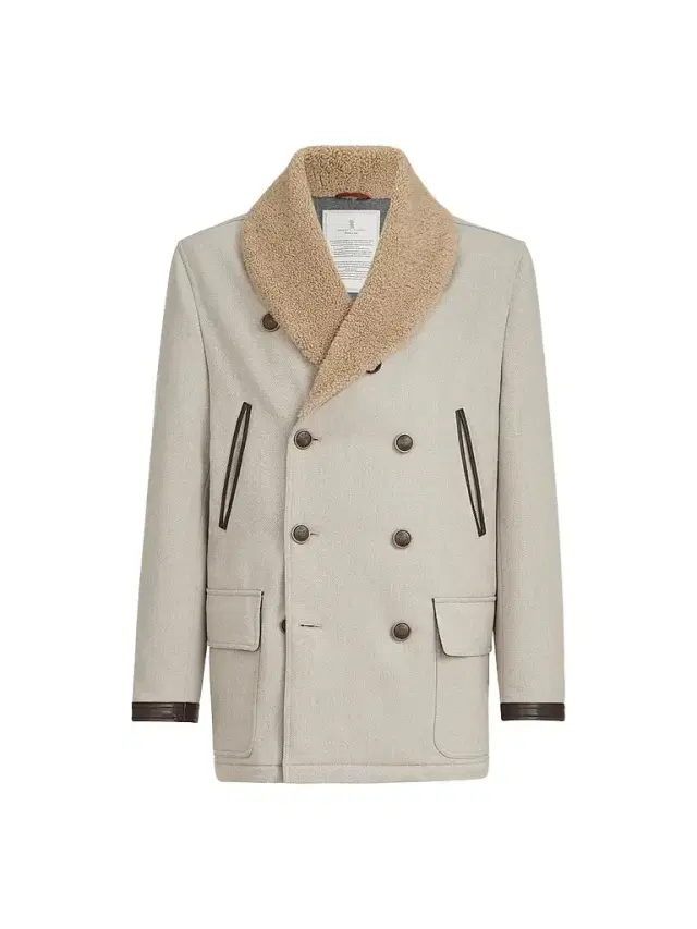 Brunello Cucinelli Men's Wool and Cashmere Cavalry Coat with Shearling Collar - Grey