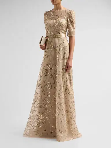 Teri Jon by Rickie Freeman Women's Sequined Floral Tulle Gown | Thumbnail 4 Teri Jon by Rickie Freeman Women's Sequined Floral Tulle Gown | Thumbnail 4
