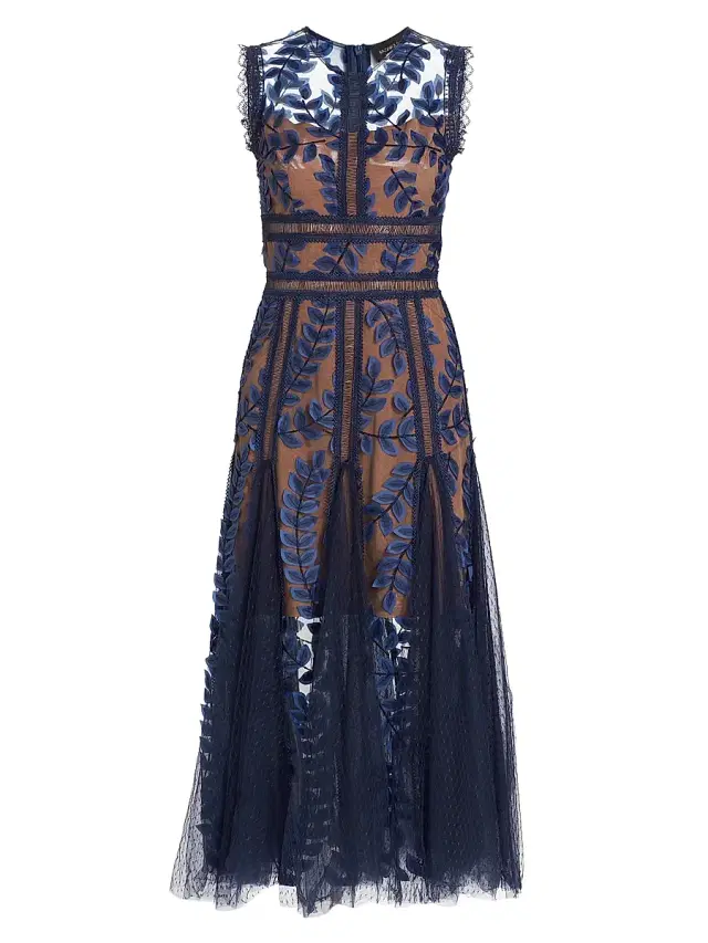 Bronx and Banco Women's Saba Embroidered Mesh Midi-Dress - Navy