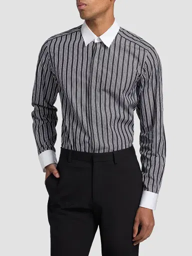 TOM FORD Men's Thick Stripe Contrast Collar Cotton Shirt - Black White | Thumbnail 2