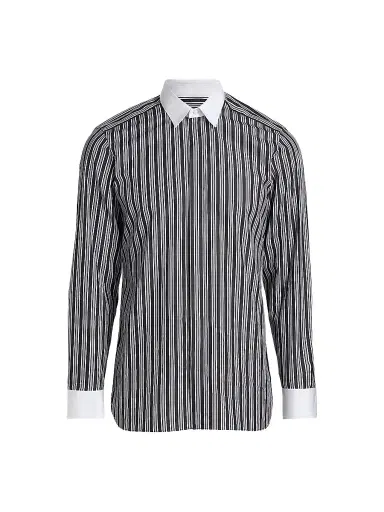 TOM FORD Men's Thick Stripe Contrast Collar Cotton Shirt - Black White | Thumbnail 1