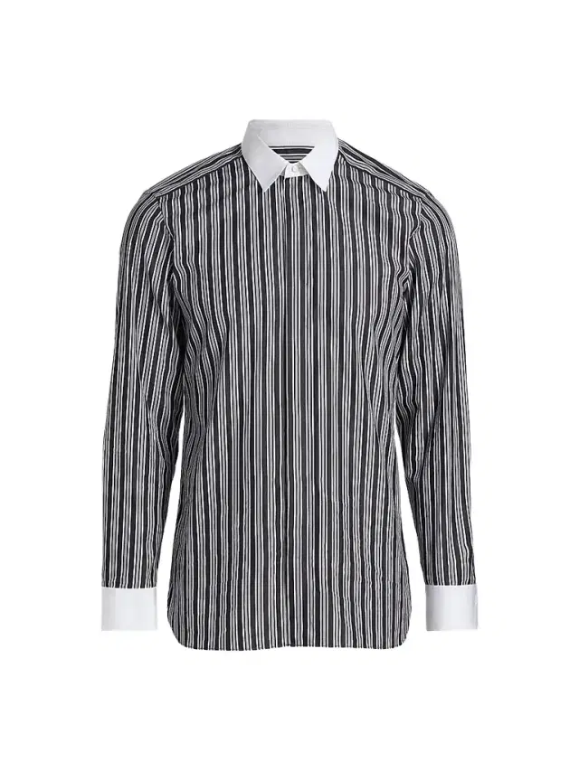 TOM FORD Men's Thick Stripe Contrast Collar Cotton Shirt - Black White