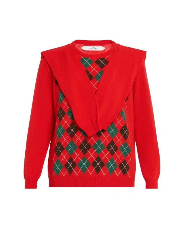 Double-Sleeve Argyle Crewneck Sweater