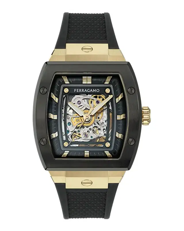 Ferragamo Men 's F-80 Two-Tone Tonneau Skeleton-Dial Watch, 42mm