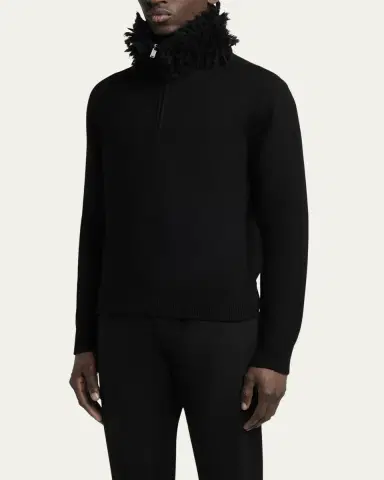 Alexander McQueen Men's Wool Fringe-Collar Quarter-Zip Sweater | Thumbnail 4