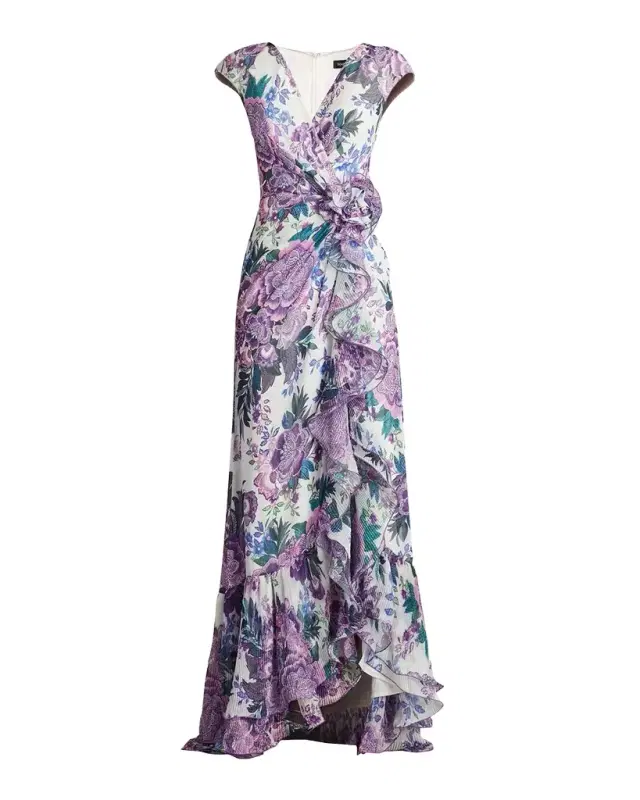 Tadashi Shoji Floral-Print Ruffle Gown