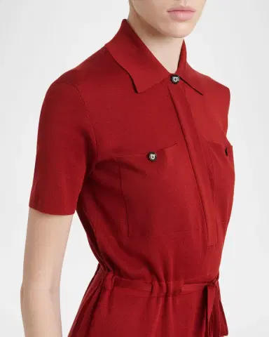Ferragamo Short-Sleeve Silk Knit Drawstring Midi Polo Dress | Thumbnail 4