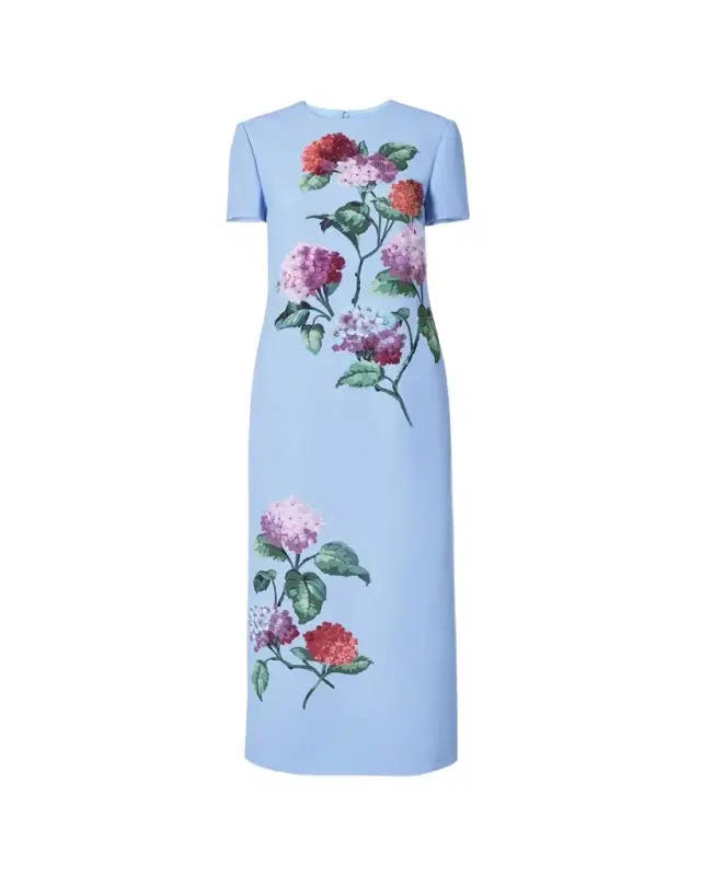 Carolina Herrera Hydrangea-Print Crepe Short-Sleeve Ankle Dress