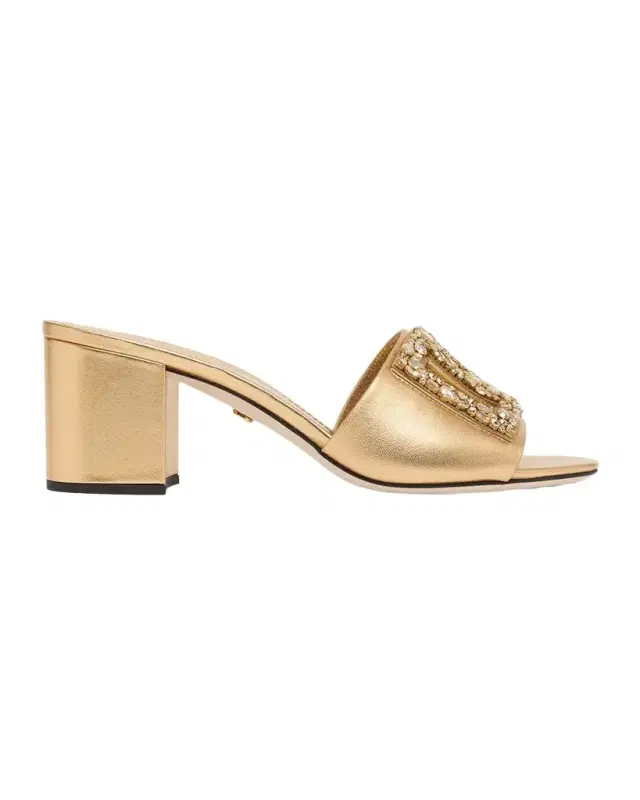 Dolce & Gabbana 60mm Embellished DG Metallic Leather Slide Sandals