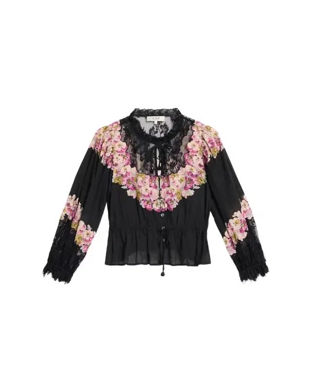 Sea Persephone Print Cotton & Lace Long-Sleeve Blouse
