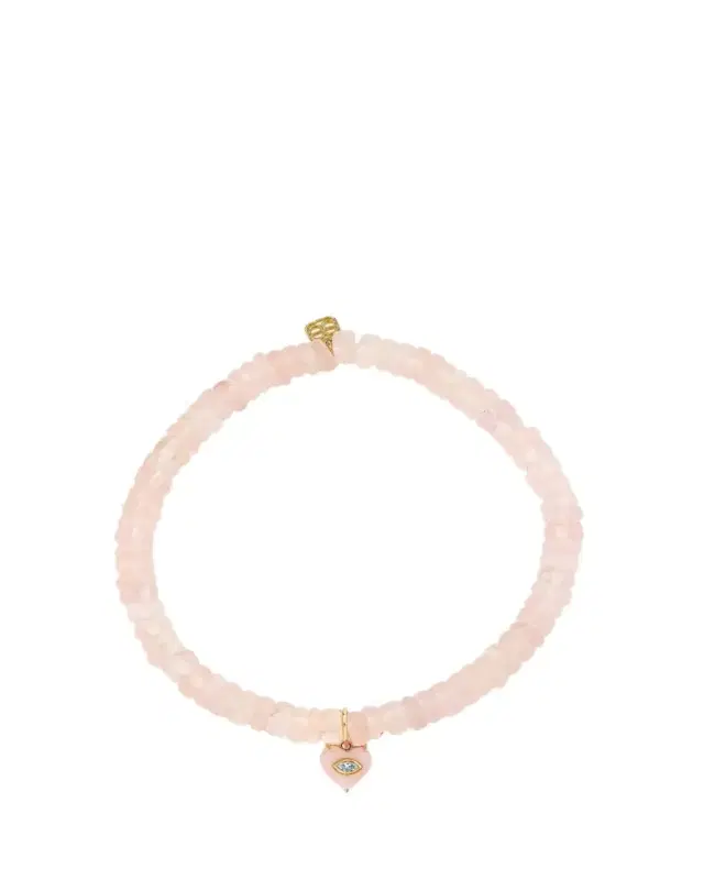 Sydney Evan 14K Diamond Carved Pink Opal Heart on Rose Quartz Bracelet