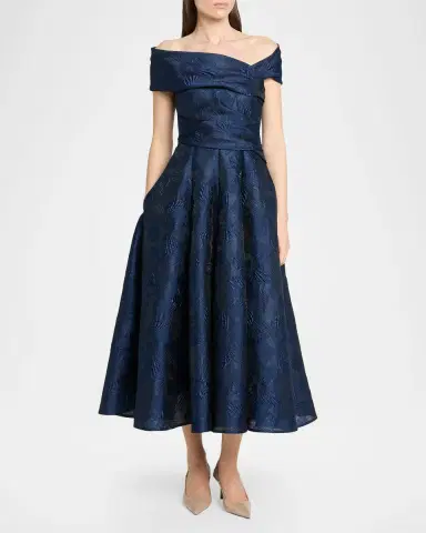 Talbot Runhof Off-Shoulder Jacquard Dress with Pockets | Thumbnail 4
