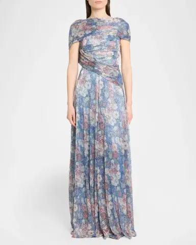 Talbot Runhof Metallic Floral Voile Draped Cap-Sleeve Evening Gown | Thumbnail 2