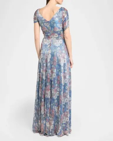 Talbot Runhof Metallic Floral Voile Draped Cap-Sleeve Evening Gown | Thumbnail 3