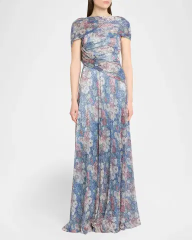 Talbot Runhof Metallic Floral Voile Draped Cap-Sleeve Evening Gown | Thumbnail 4