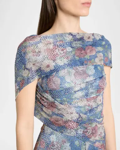 Talbot Runhof Metallic Floral Voile Draped Cap-Sleeve Evening Gown | Thumbnail 5