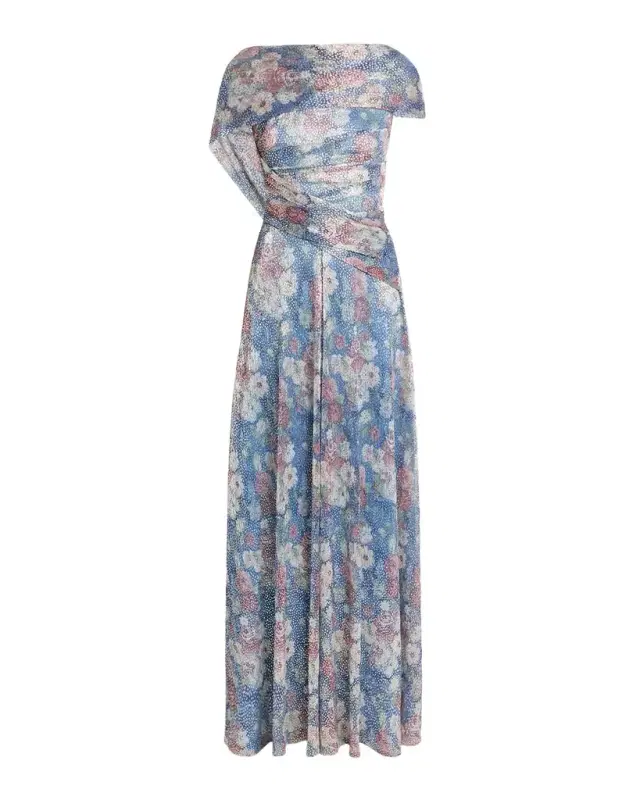 Talbot Runhof Metallic Floral Voile Draped Cap-Sleeve Evening Gown