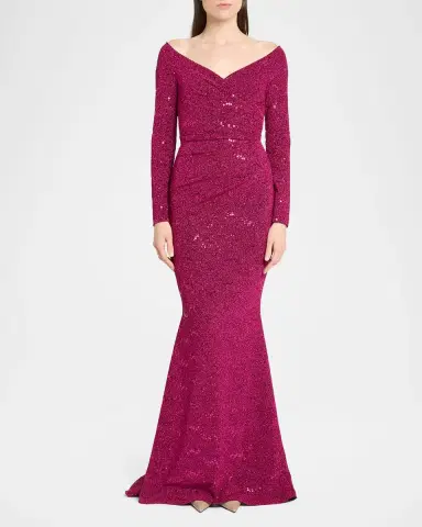 Talbot Runhof Sequined Off-Shoulder Long-Sleeve Gown | Thumbnail 2