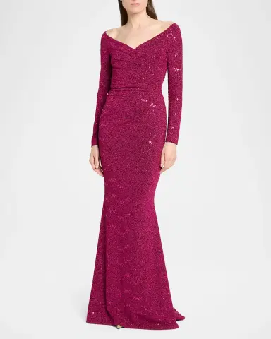 Talbot Runhof Sequined Off-Shoulder Long-Sleeve Gown | Thumbnail 4
