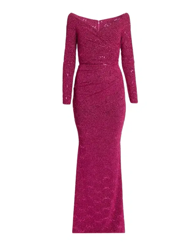 Talbot Runhof Sequined Off-Shoulder Long-Sleeve Gown