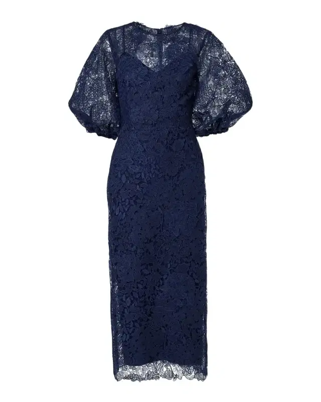 Carolina Herrera Lace Balloon-Sleeve Belted Midi Pencil Dress