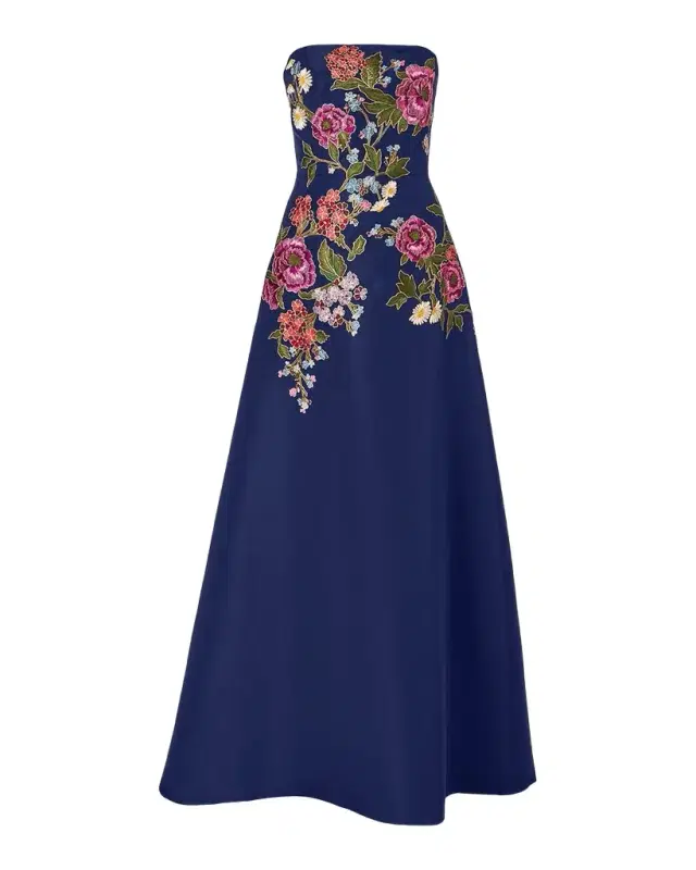 Carolina Herrera Strapless Floral-Embroidered Silk Gown