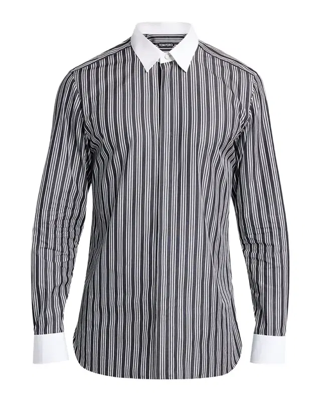 TOM FORD Men 's Cotton Multi-Stripe Contrast-Trim Sport Shirt