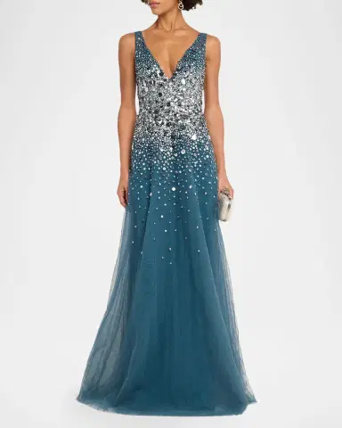 PAMELLA ROLAND Plunging Beaded Tulle A-Line Gown | Thumbnail 2