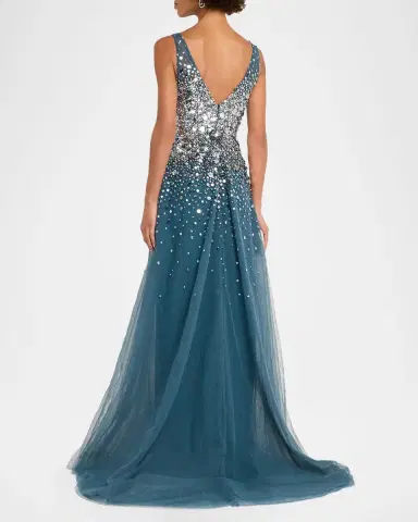 PAMELLA ROLAND Plunging Beaded Tulle A-Line Gown | Thumbnail 3