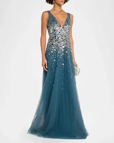 PAMELLA ROLAND Plunging Beaded Tulle A-Line Gown | Thumbnail 4