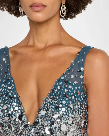 PAMELLA ROLAND Plunging Beaded Tulle A-Line Gown | Thumbnail 5