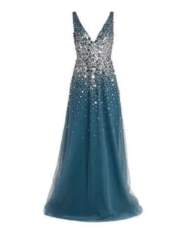 PAMELLA ROLAND Plunging Beaded Tulle A-Line Gown | Thumbnail 1