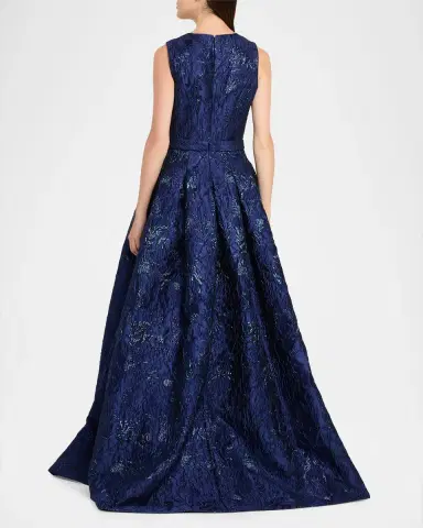 Reem Acra Deep V-Neck Textured Metallic Jacquard Ball Gown | Thumbnail 3 Reem Acra Deep V-Neck Textured Metallic Jacquard Ball Gown | Thumbnail 3