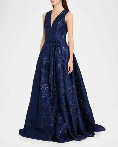 Reem Acra Deep V-Neck Textured Metallic Jacquard Ball Gown | Thumbnail 4 Reem Acra Deep V-Neck Textured Metallic Jacquard Ball Gown | Thumbnail 4