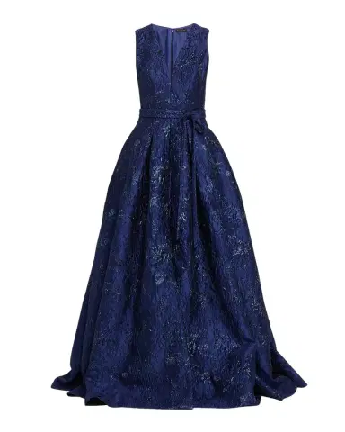 Reem Acra Deep V-Neck Textured Metallic Jacquard Ball Gown | Thumbnail 1 Reem Acra Deep V-Neck Textured Metallic Jacquard Ball Gown | Thumbnail 1
