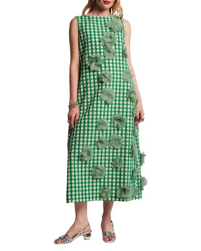Frances Valentine Origami 3D Floral Appliqué Gingham Midi Dress