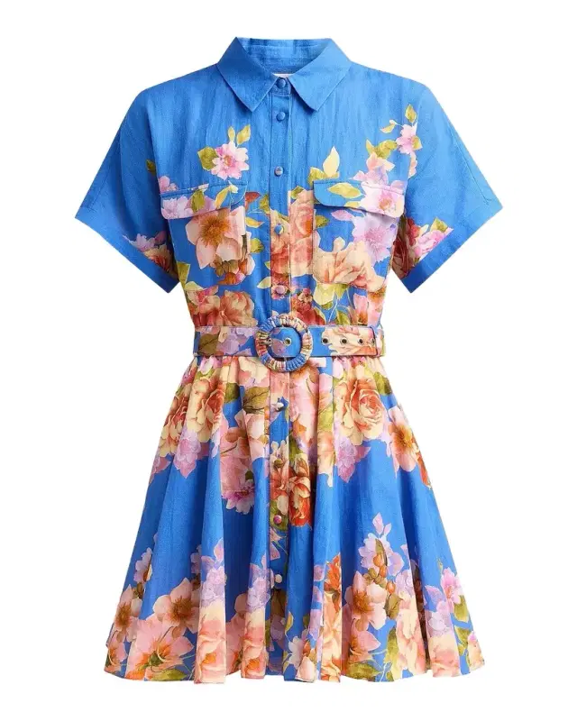 Floral Linen-Cotton Belted Mini Shirtdress