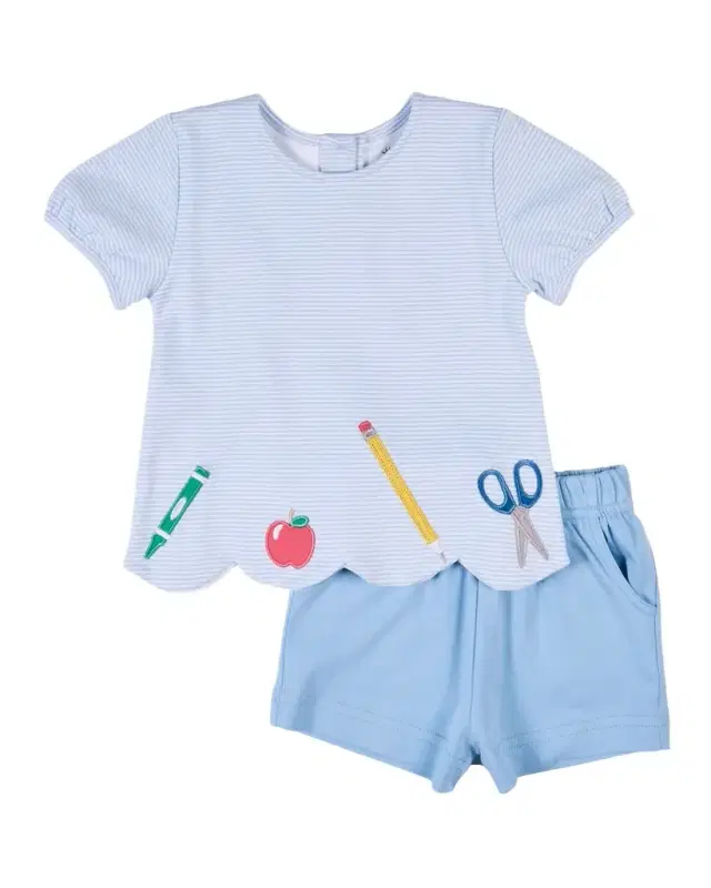 Florence Eiseman Girl's School Supplies Applique T-Shirt & Shorts Set, Size 2T-6