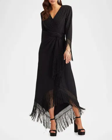 Tadashi Shoji Fringe-Trim Draped Crepe Maxi Dress | Thumbnail 2