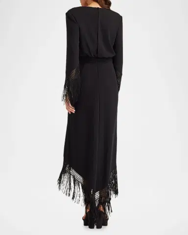 Tadashi Shoji Fringe-Trim Draped Crepe Maxi Dress | Thumbnail 3