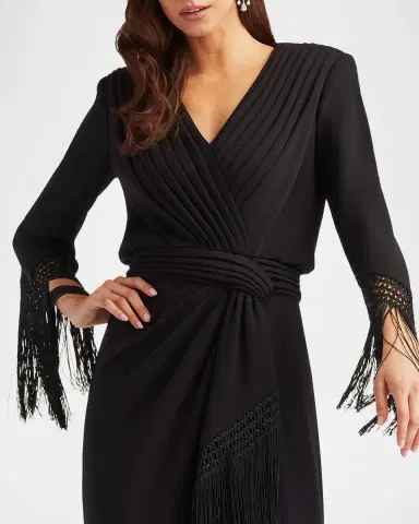 Tadashi Shoji Fringe-Trim Draped Crepe Maxi Dress | Thumbnail 4