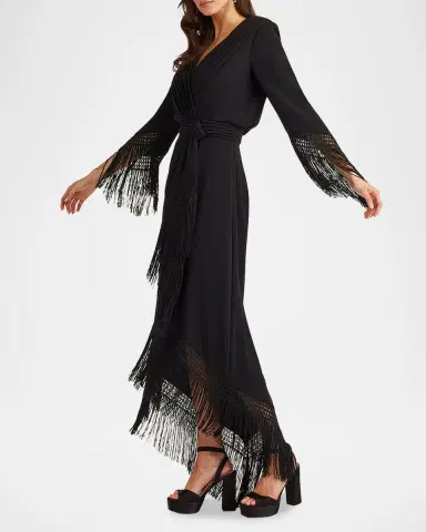 Tadashi Shoji Fringe-Trim Draped Crepe Maxi Dress | Thumbnail 5