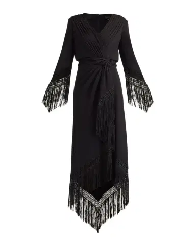 Tadashi Shoji Fringe-Trim Draped Crepe Maxi Dress | Thumbnail 1
