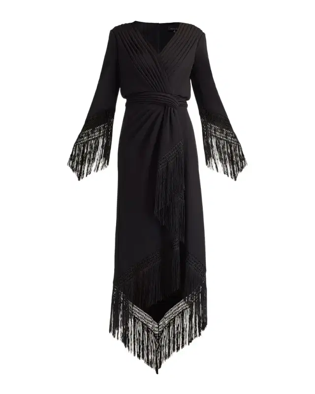 Tadashi Shoji Fringe-Trim Draped Crepe Maxi Dress