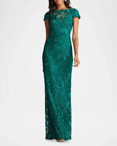 Tadashi Shoji Short-Sleeve Embroidered Tulle Column Gown | Thumbnail 2 Tadashi Shoji Short-Sleeve Embroidered Tulle Column Gown | Thumbnail 2