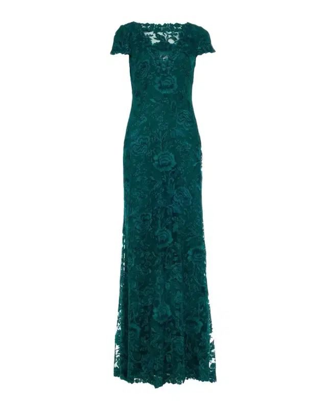 Tadashi Shoji Short-Sleeve Embroidered Tulle Column Gown