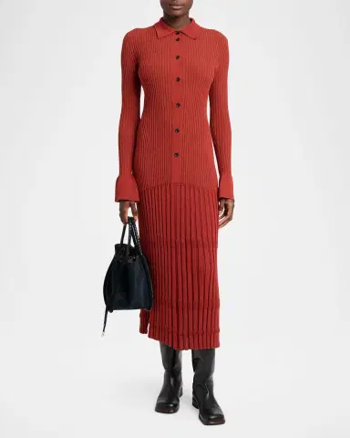 Proenza Schouler Rosario Wool Rib Drop-Waist Button-Front Midi Dress | Thumbnail 2 Proenza Schouler Rosario Wool Rib Drop-Waist Button-Front Midi Dress | Thumbnail 2