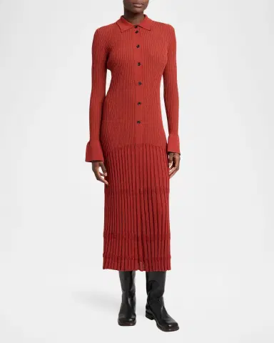 Proenza Schouler Rosario Wool Rib Drop-Waist Button-Front Midi Dress | Thumbnail 4 Proenza Schouler Rosario Wool Rib Drop-Waist Button-Front Midi Dress | Thumbnail 4