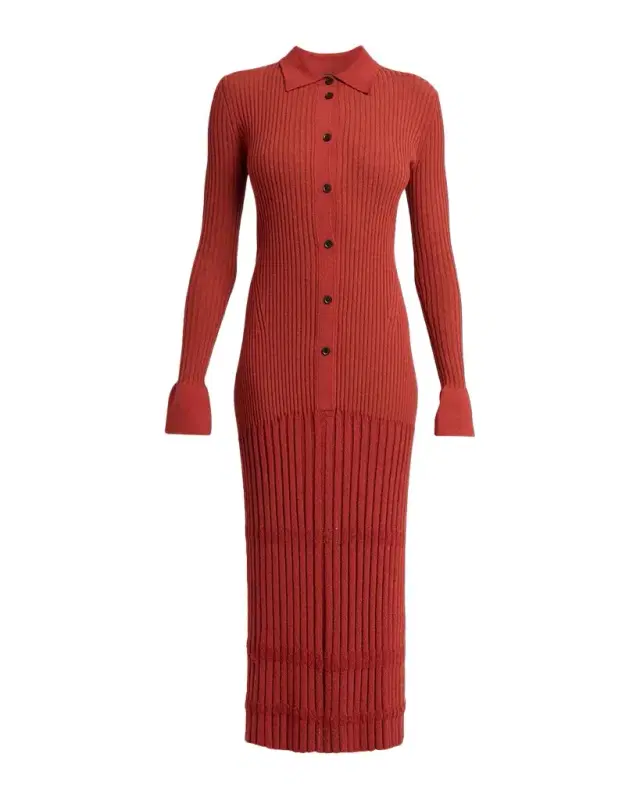 Proenza Schouler Rosario Wool Rib Drop-Waist Button-Front Midi Dress
