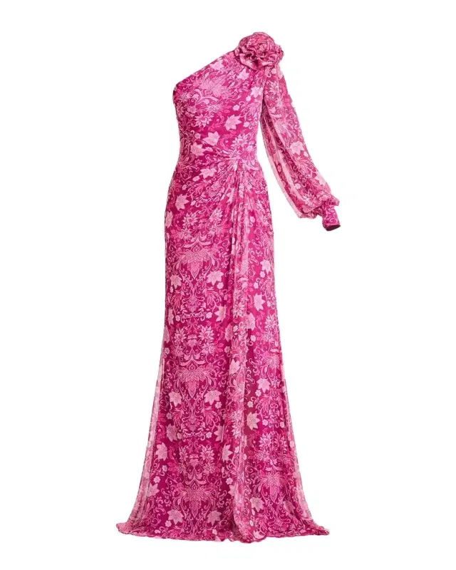 Tadashi Shoji One-Shoulder Draped Floral Gown
